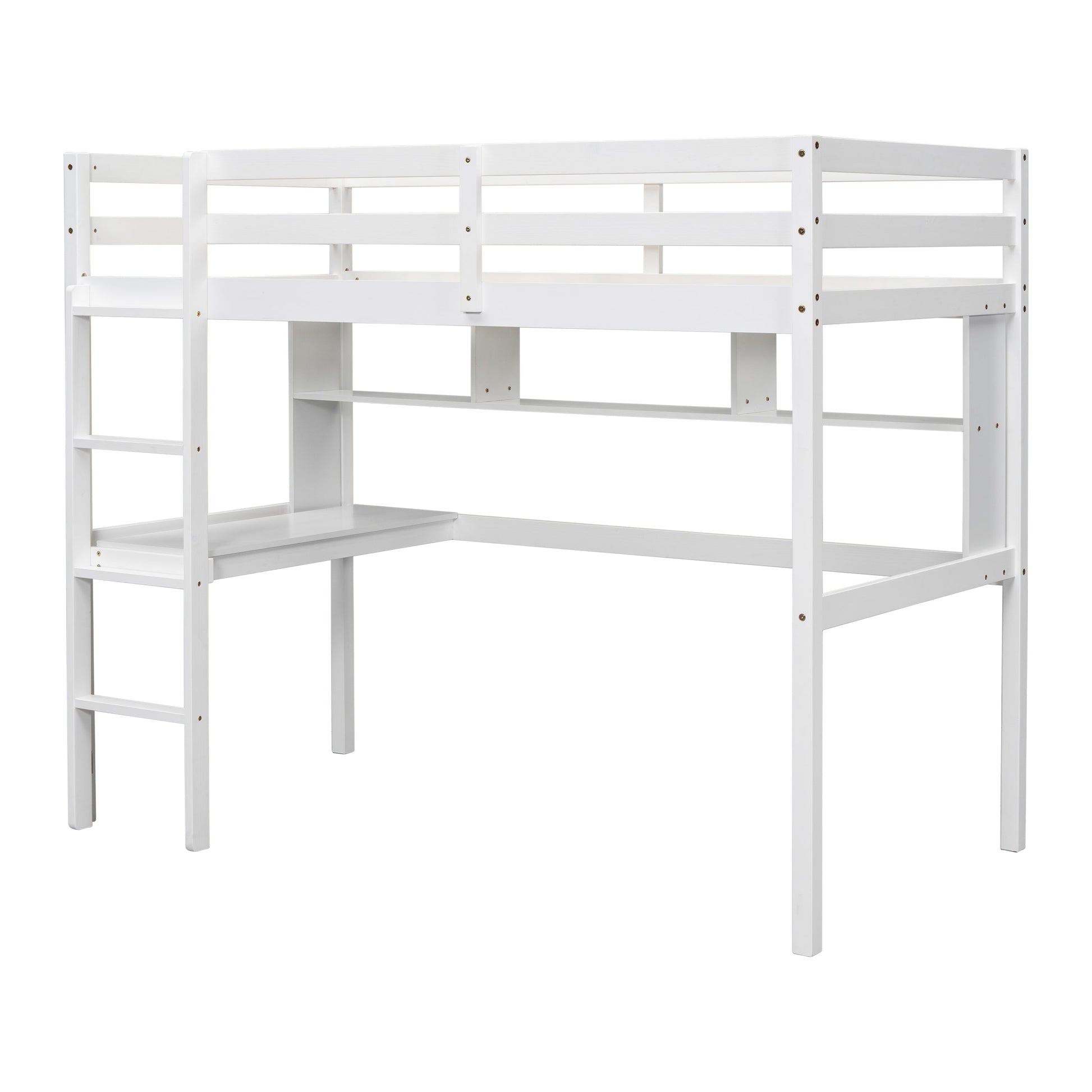 Twin Loft Bed with built-in desk and bookcase of three compartments, Guardrails and Ladder,White - Korvel