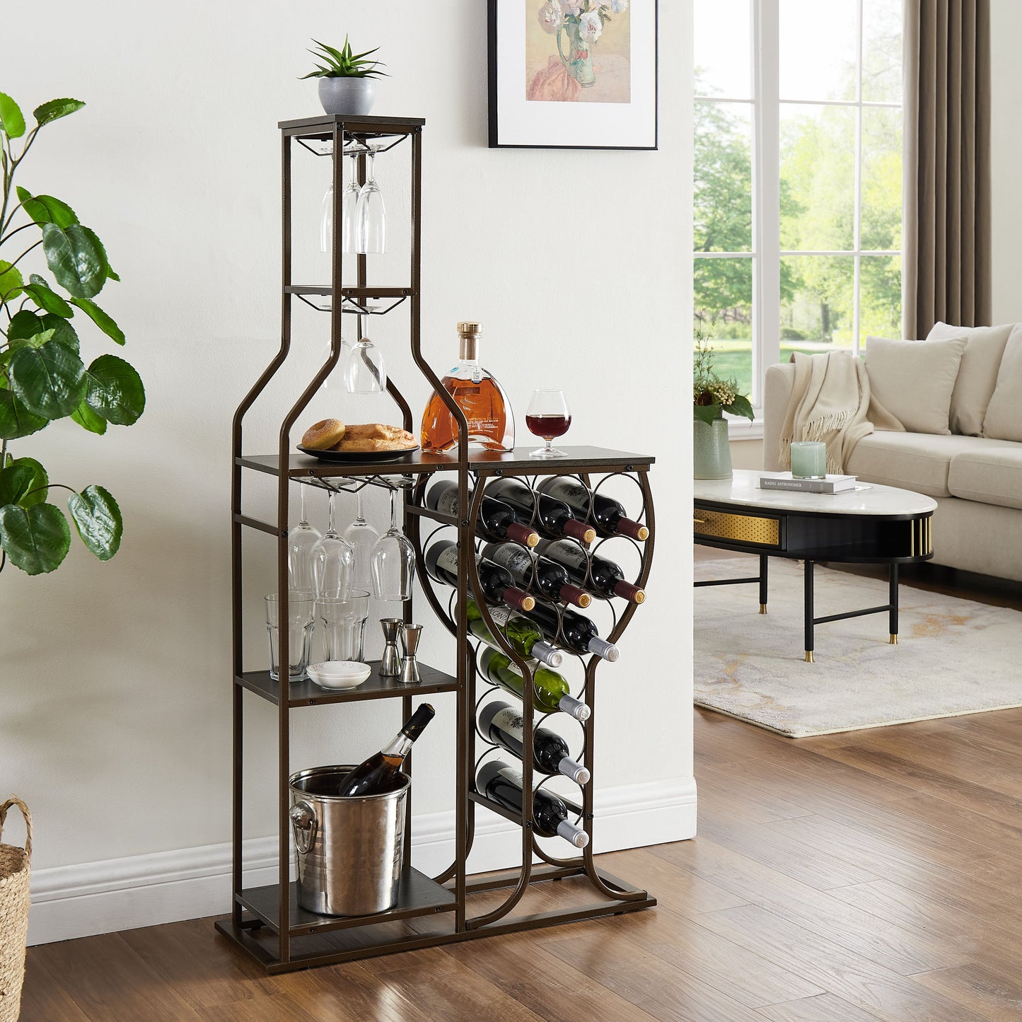 Elegant Grey 11-Bottle Wine Rack with Glass Holder