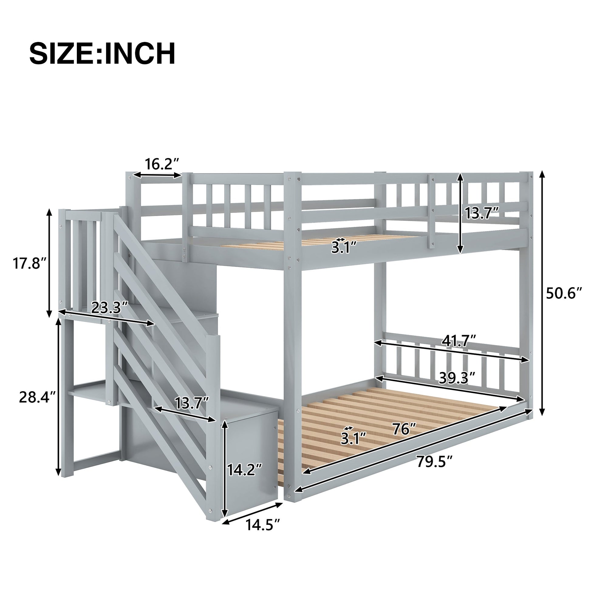 Twin over Twin Floor Bunk Bed, Ladder with Storage  Gray - Korvel