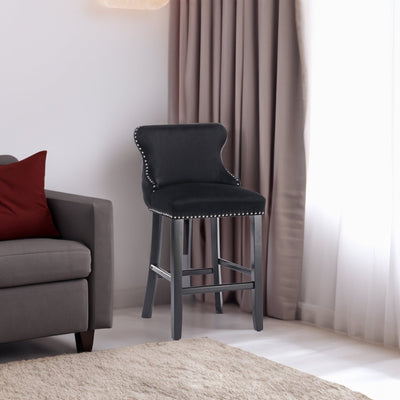 Velvet padded wing back bar stool with button cluster decoration and wooden leg chrome nail head decoration 2-piece set (black) - Korvel