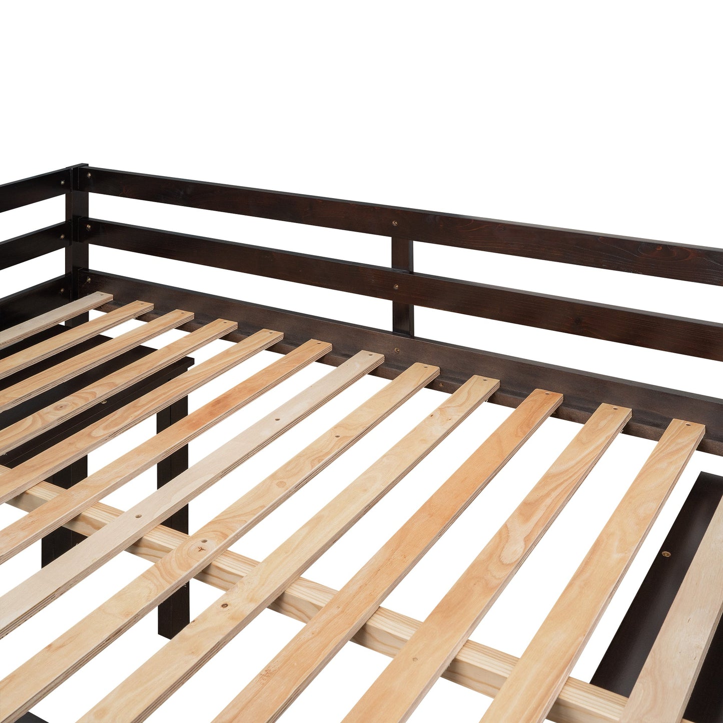 Low Study Full Loft Bed with Cabinet Shelves and Rolling Portable Desk Multiple Functions Bed- Espresso - Korvel