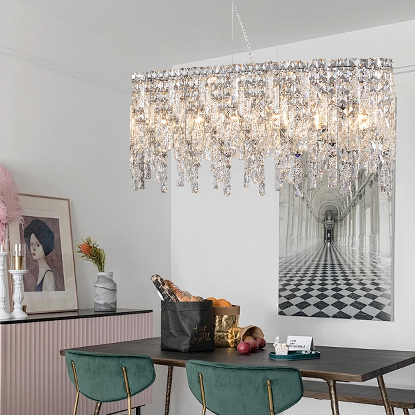 Silver elegant oval crystal pendant light, modern ceiling fixture with reflective suspended crystal (bulb not included) - Korvel