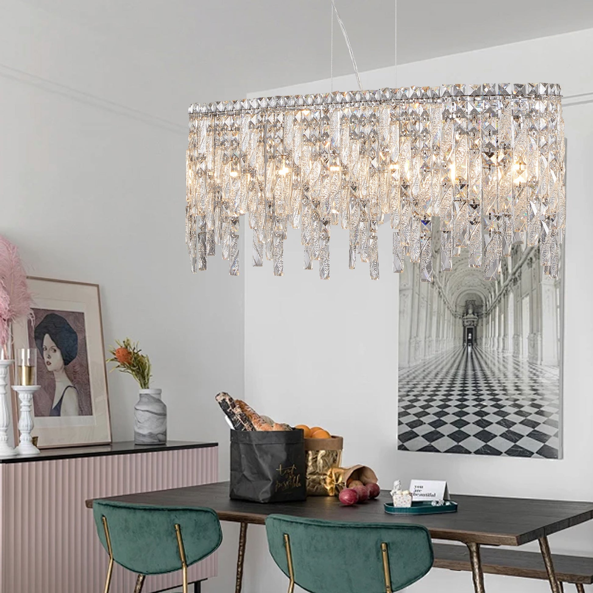 Silver elegant oval crystal pendant light, modern ceiling fixture with reflective suspended crystal (bulb not included) - Korvel