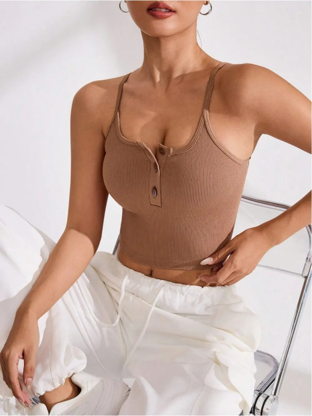 Ribbed Half Button Cropped Active Cami - Korvel