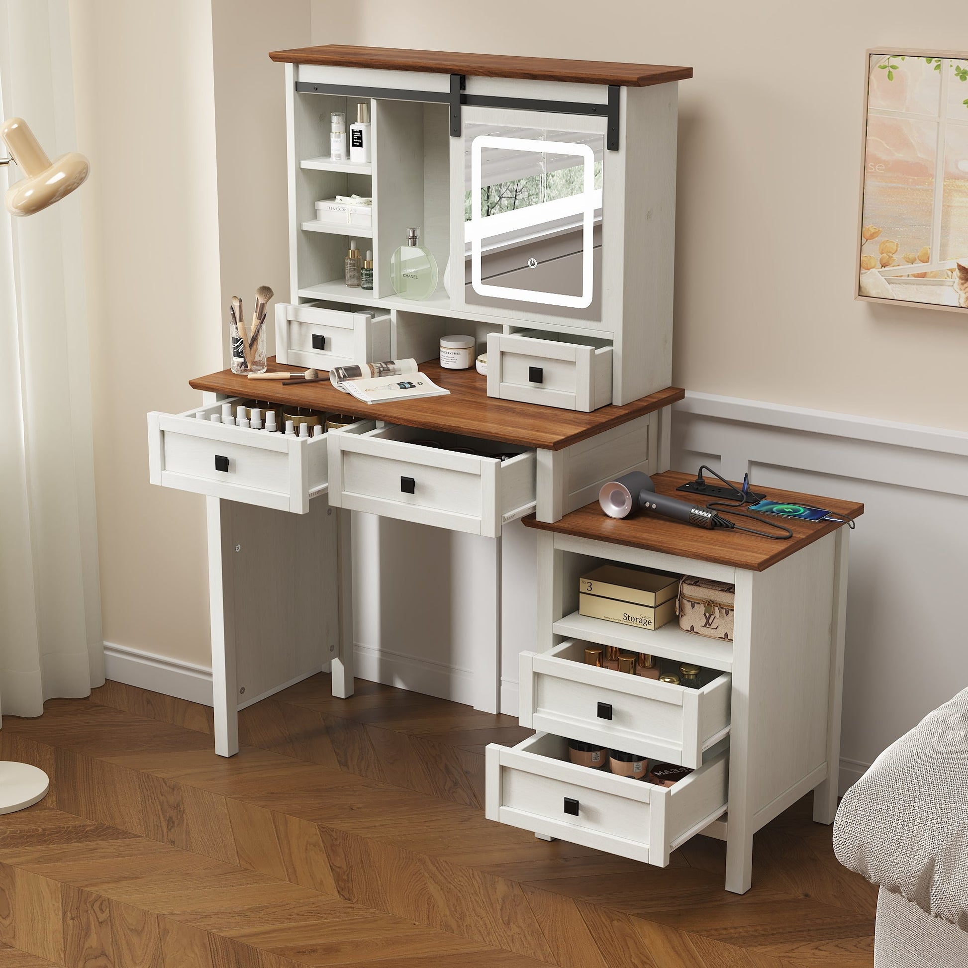 46.5-inch dressing table with adjustable LED lighting mirror and charging station, equipped with soft cushioned stool - Korvel