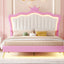 Full Size Upholstered Bed Frame with LED Lights, Modern Upholstered Princess Bed with Crown Headboard, Pink+White - Korvel