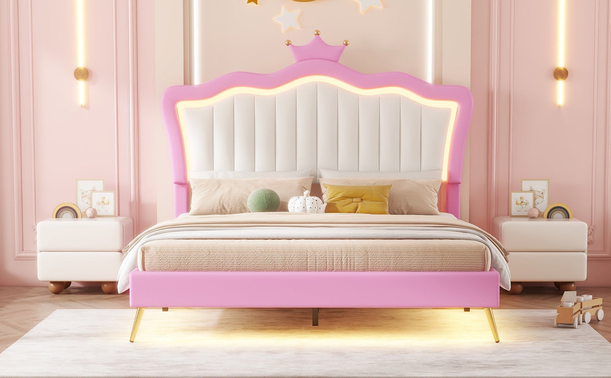 Full Size Upholstered Bed Frame with LED Lights, Modern Upholstered Princess Bed with Crown Headboard, Pink+White - Korvel