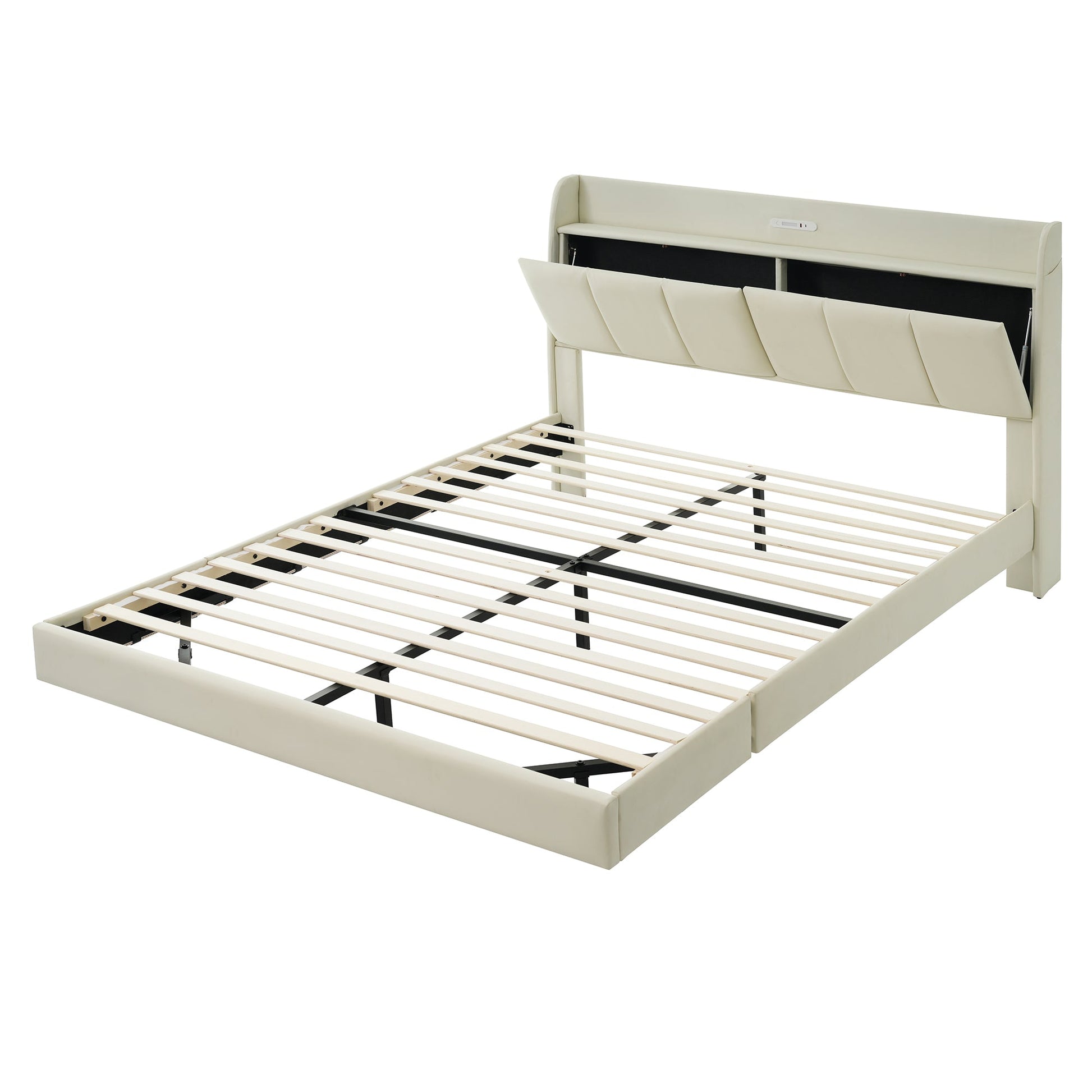 Large floating bed frame with storage headboard, touch sensor, night light and USB charger, padded platform bed, beige color - Korvel