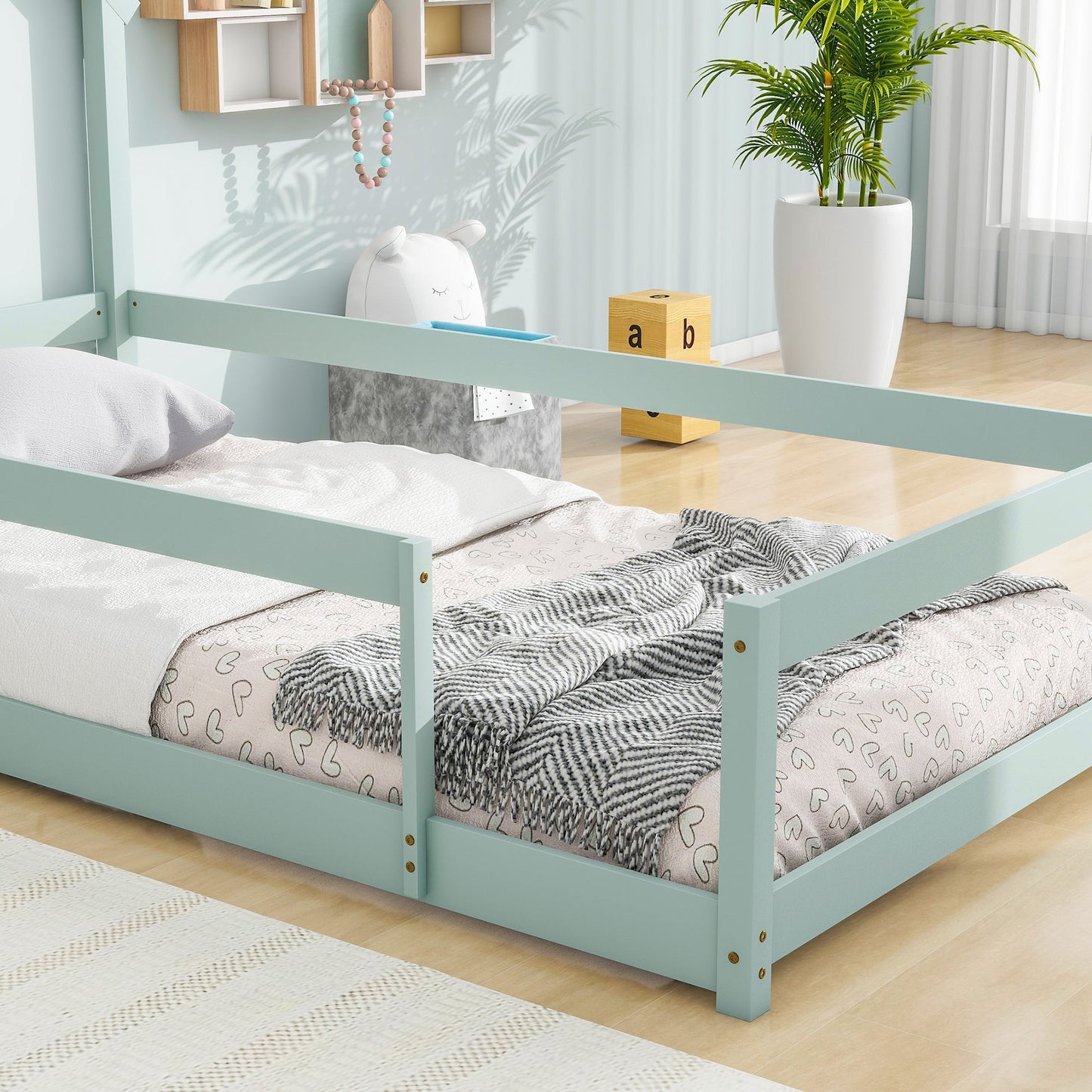 Twin Size Wood Bed with House-Shaped Headboard in Light Green