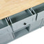 Kitchen handcart with rubber wood leaf countertop, storage cabinet, shelf, and 3 dining room drawers, gray blue - Korvel