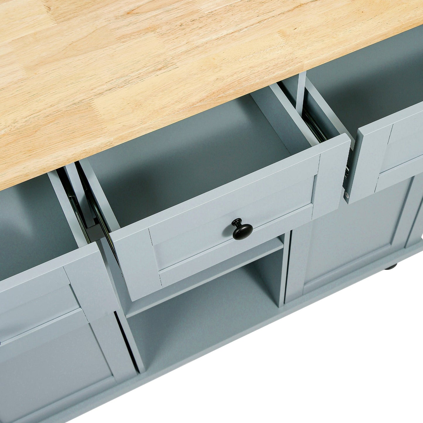 Kitchen handcart with rubber wood leaf countertop, storage cabinet, shelf, and 3 dining room drawers, gray blue - Korvel