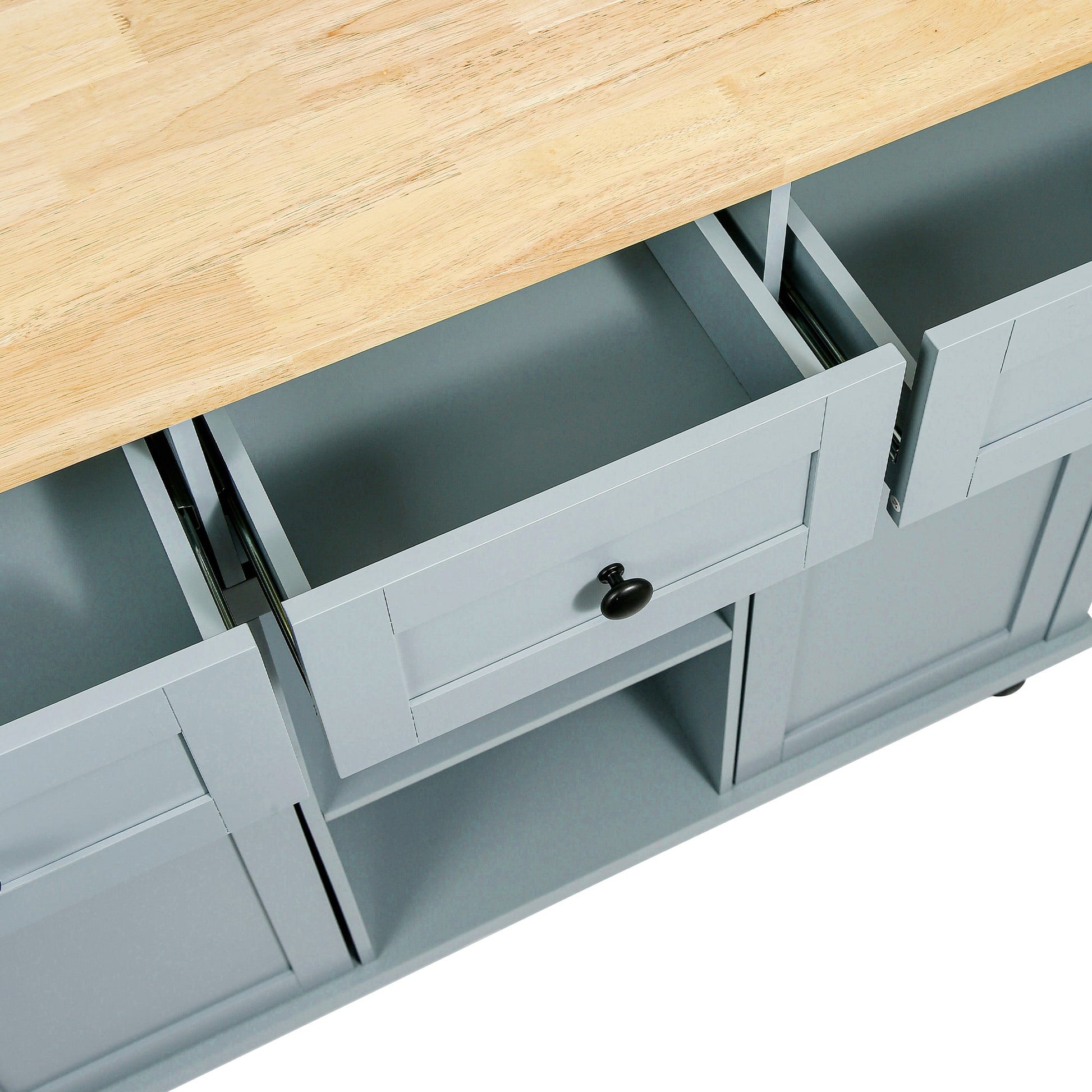 Kitchen handcart with rubber wood leaf countertop, storage cabinet, shelf, and 3 dining room drawers, gray blue - Korvel