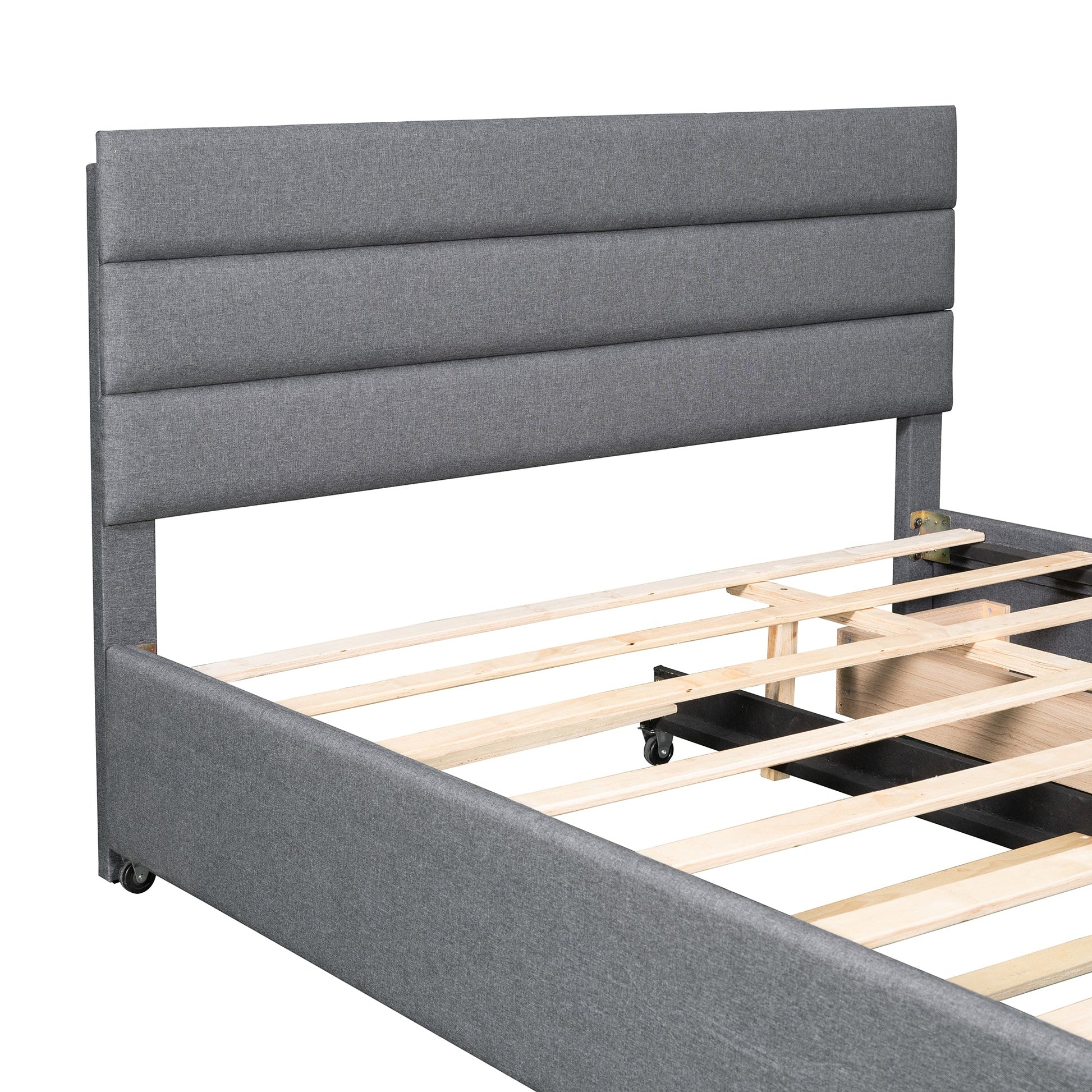 Queen Upholstered Platform Bed with Twin Size Trundle and Two Drawers Grey - Korvel