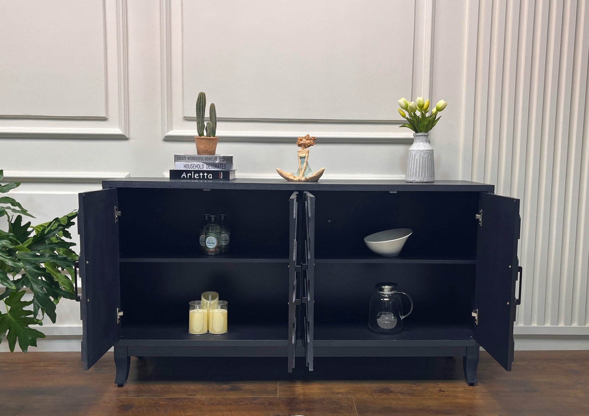 Stronger Vintage Style Buffet Cabinet Lacquered Accent Storage 4 Door Wooden Cabinets Taupe Grey - Korvel