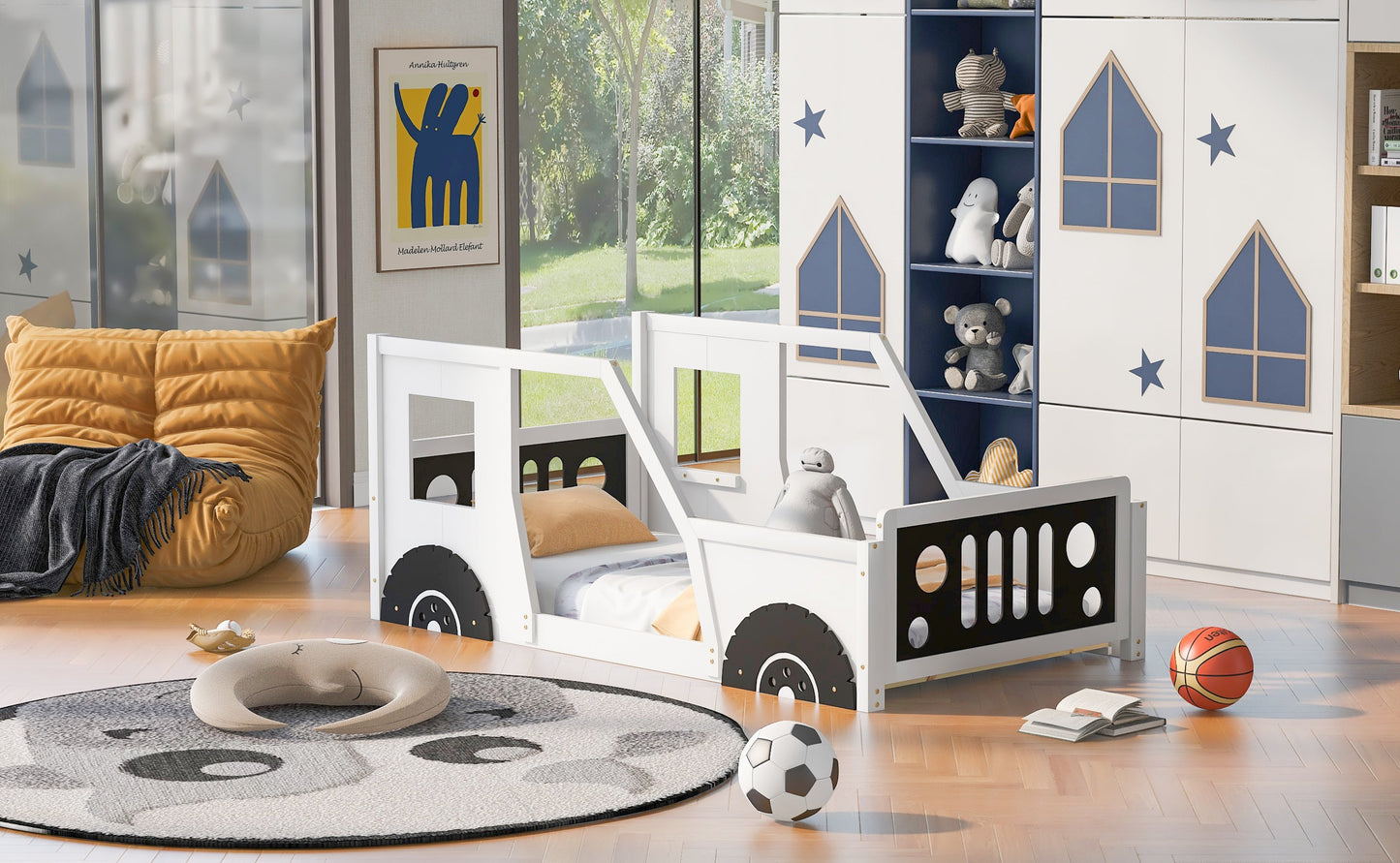 Twin Size Classic Car-Shaped Platform Bed with Wheels - White