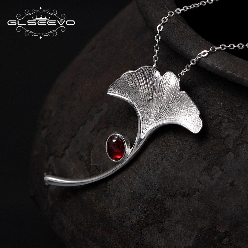 GLSEEVO Ginkgo Biloba Leaf Brooch - 925 Sterling Silver with Garnet