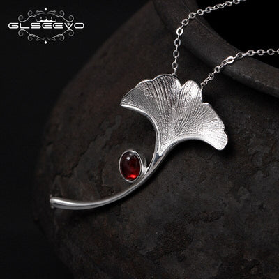 GLSEEVO Ginkgo Biloba Leaf Brooch - 925 Sterling Silver with Garnet