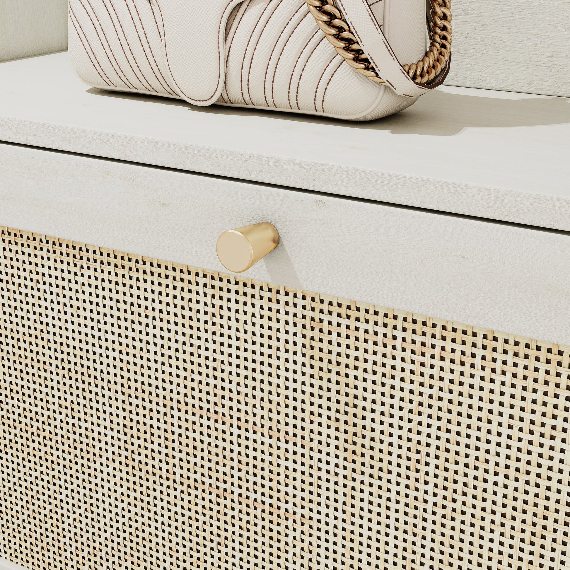 Natural Bohemian style shoe cabinet with 3 rattan flip drawers, 3 square shelves, and 1 storage drawer, white - Korvel