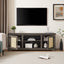 Vine TV stand console table, suitable for TVs under 70 inches, equipped with 2 storage shelves and 2 natural rattan doors, gray - Korvel