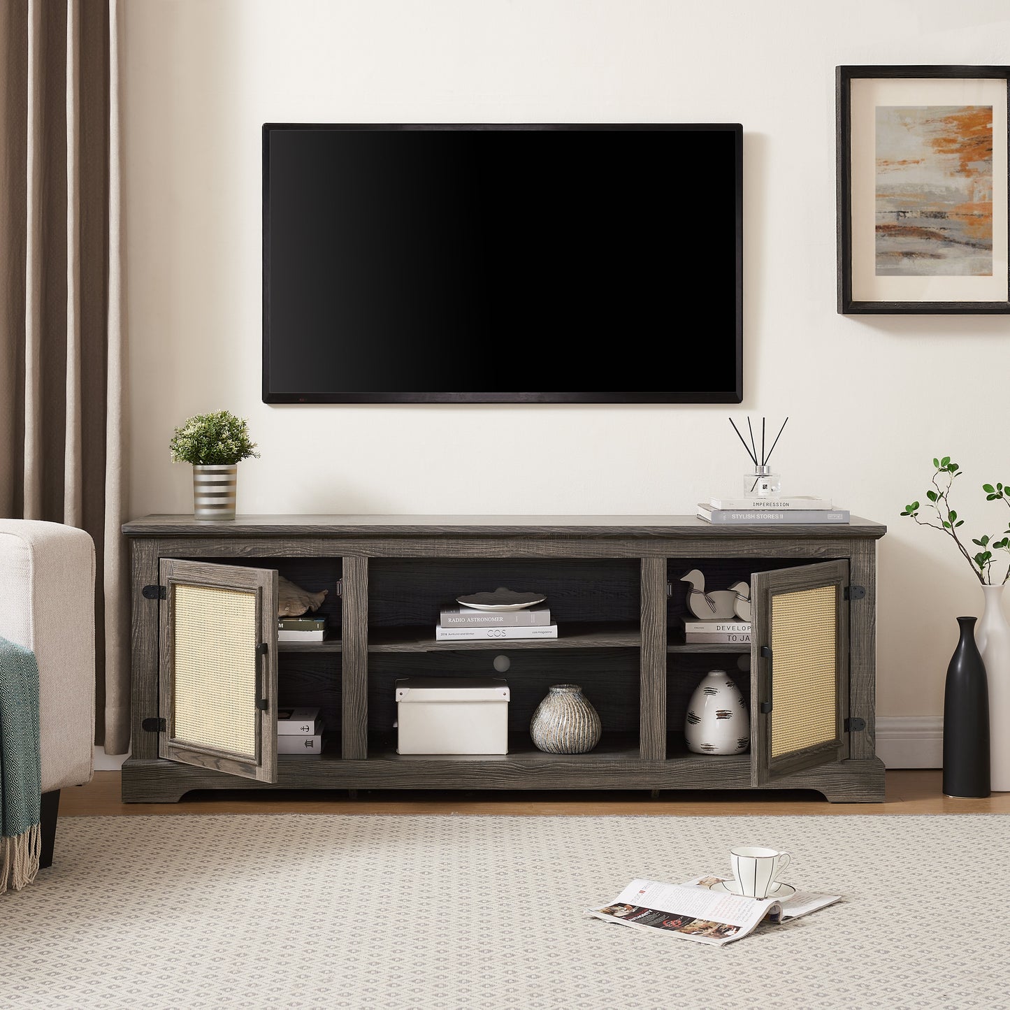 Vine TV stand console table, suitable for TVs under 70 inches, equipped with 2 storage shelves and 2 natural rattan doors, gray - Korvel