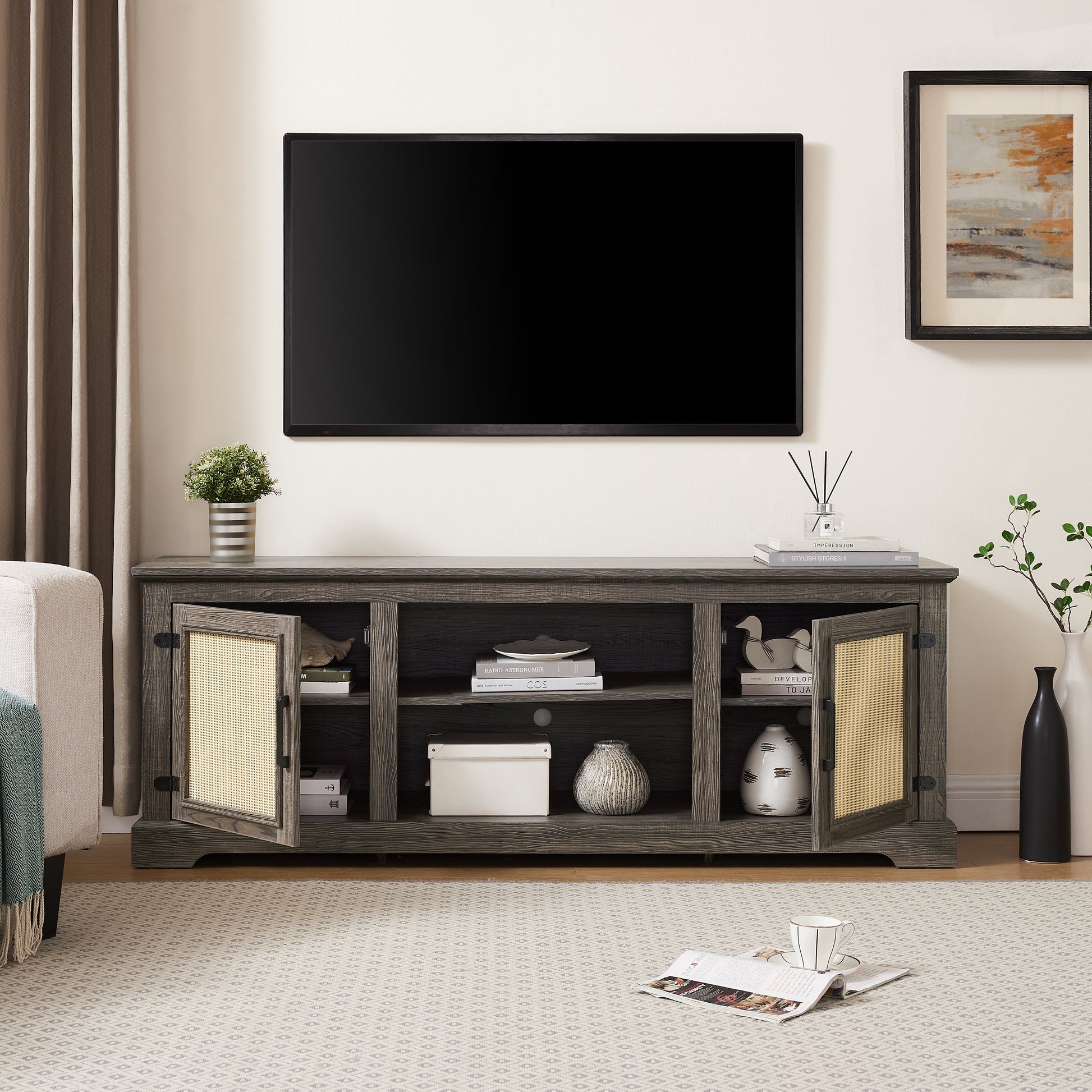 Vine TV stand console table, suitable for TVs under 70 inches, equipped with 2 storage shelves and 2 natural rattan doors, gray - Korvel