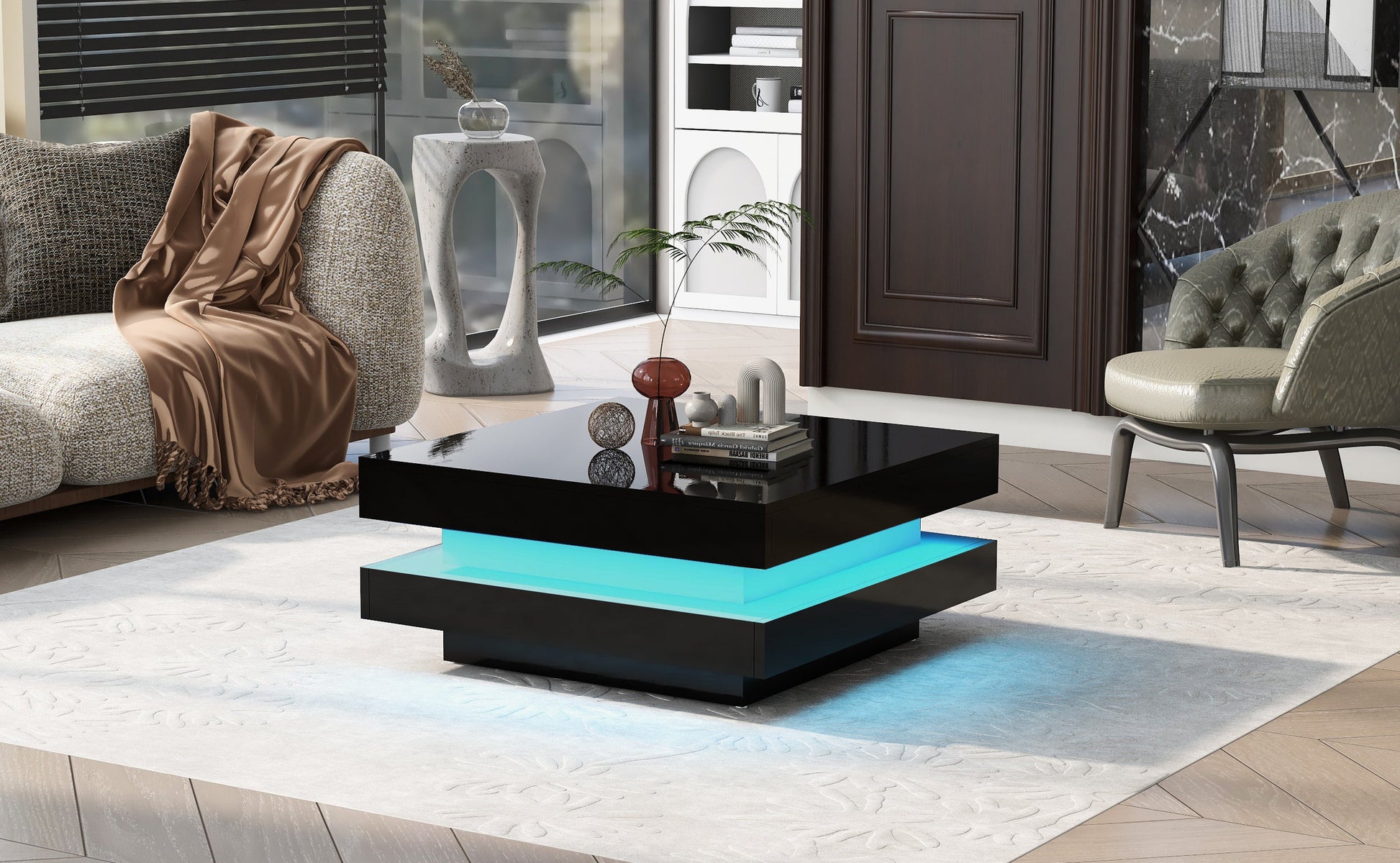 ON-TREND High Gloss Minimalist Design with LED Lights 2-Tier Square Coffee Table Black - Korvel