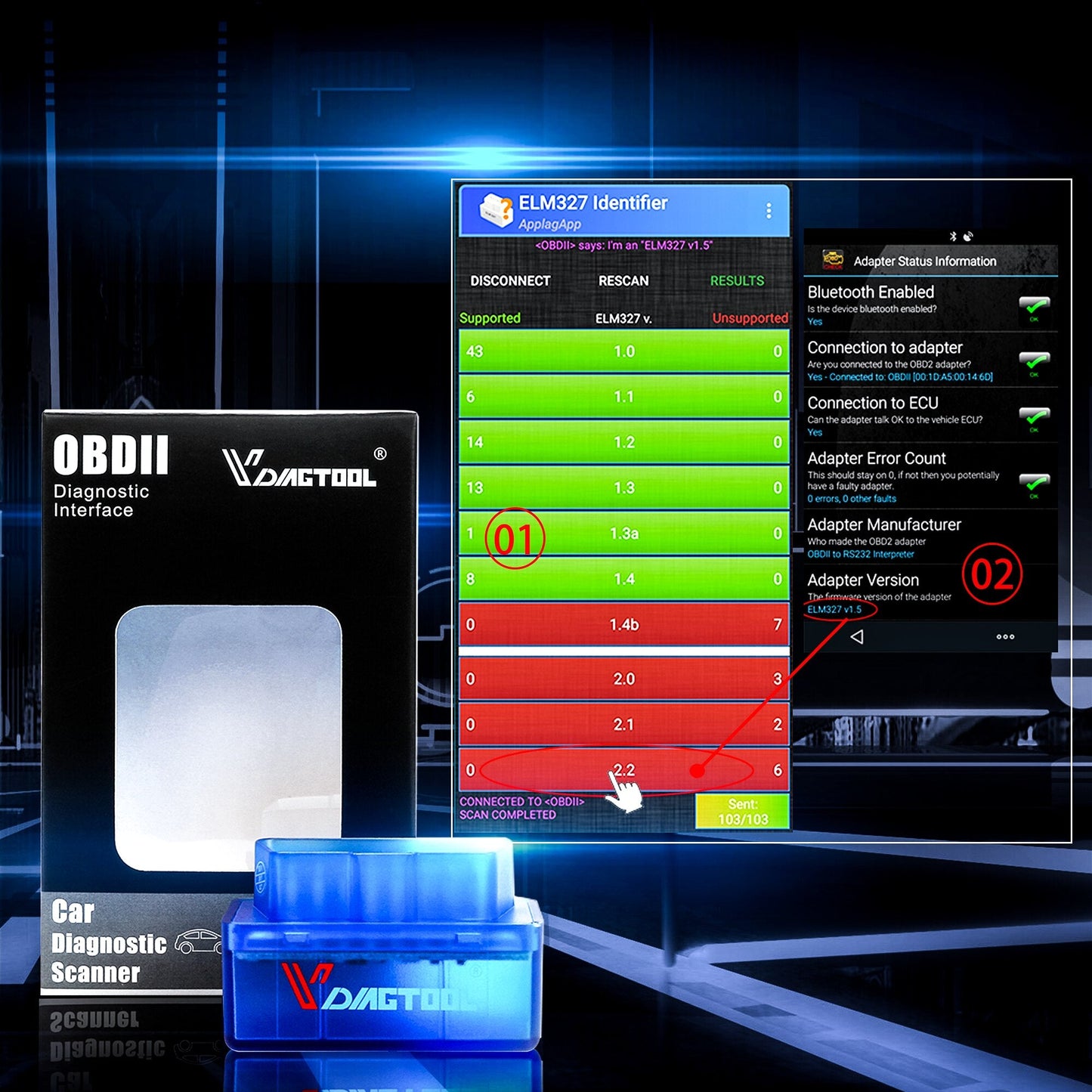 Outil de diagnostic Bluetooth OBD2 ELM327 V1.5