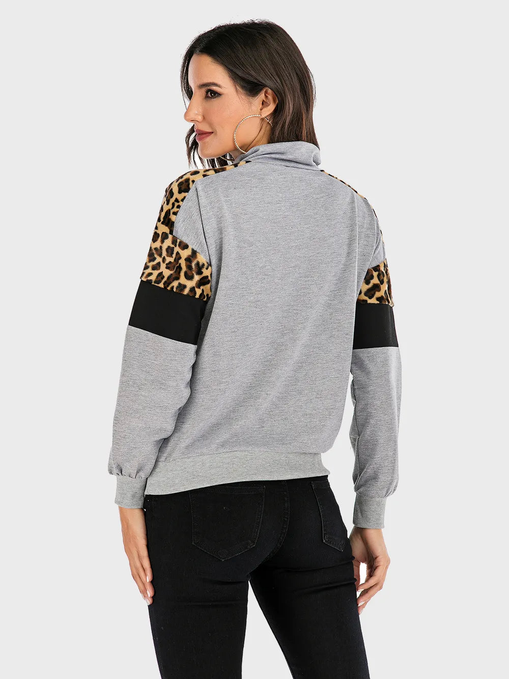 Sudadera de Manga Larga con Media Cremallera y Leopardo en Contraste
