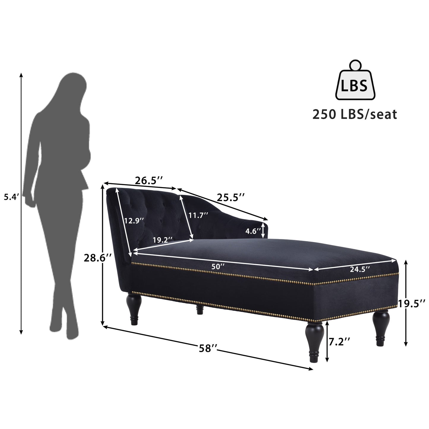 58-Inch Velvet Lounge Chair with Nailhead Trim
