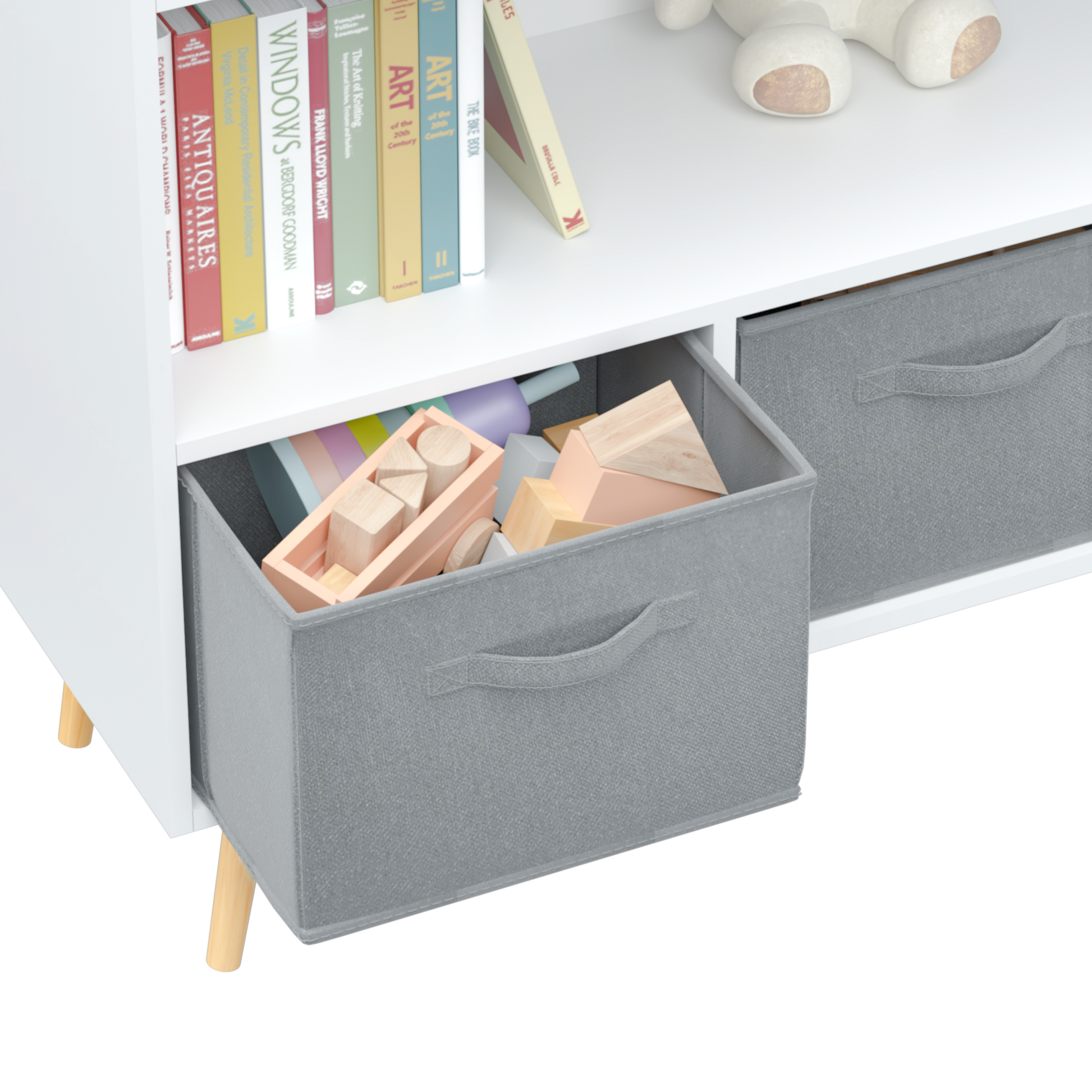 Kids bookcase with Collapsible Fabric Drawers Children's Book Display Toy Storage Cabinet Organizer White/Gray - Korvel