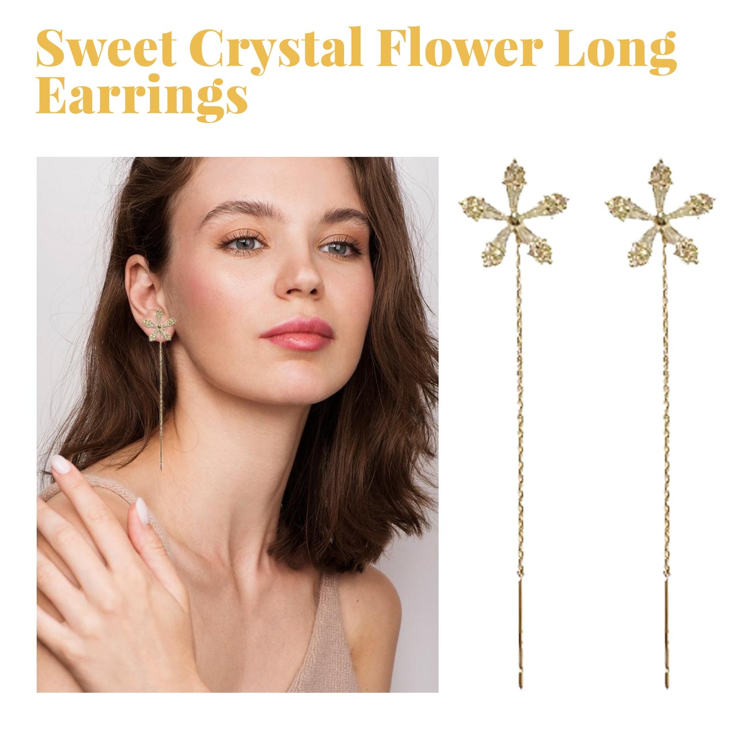 Sweet Crystal Flower Long Earrings - Elegant and Charming