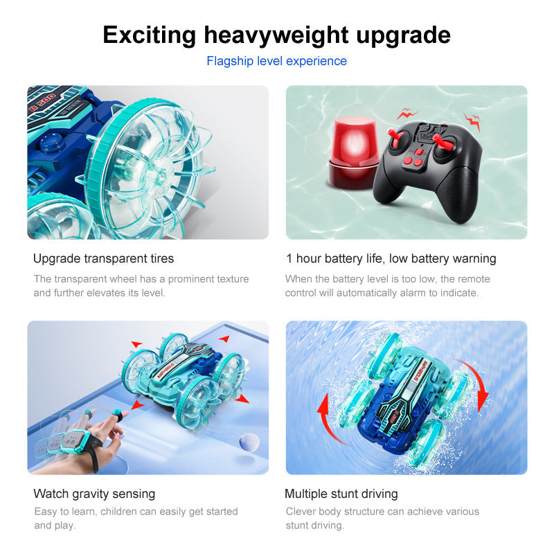 Colorful light wheel double-sided stunt amphibious remote control car watch dual control four-wheel drive power - Korvel