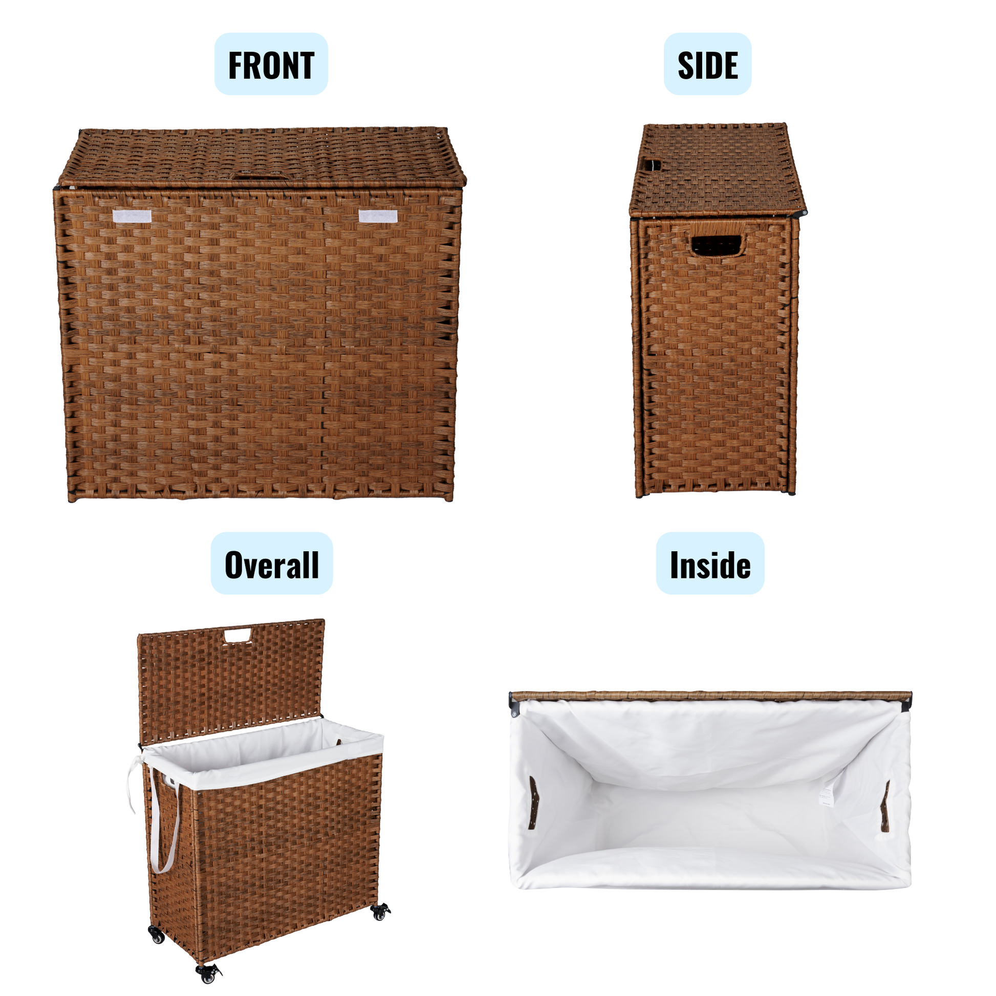 Laundry Hamper With Lid PE Rattan Powder Coating Frame Clothes Hampers with 02 Removable Bags, Wheels, 160L, Brown Color - Korvel