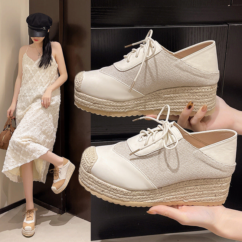 Fisherman's shoes woven grass slope heel women's shoes waterproof front strap high-heeled slope heel fisherman's casual shoes ﻿ - Korvel