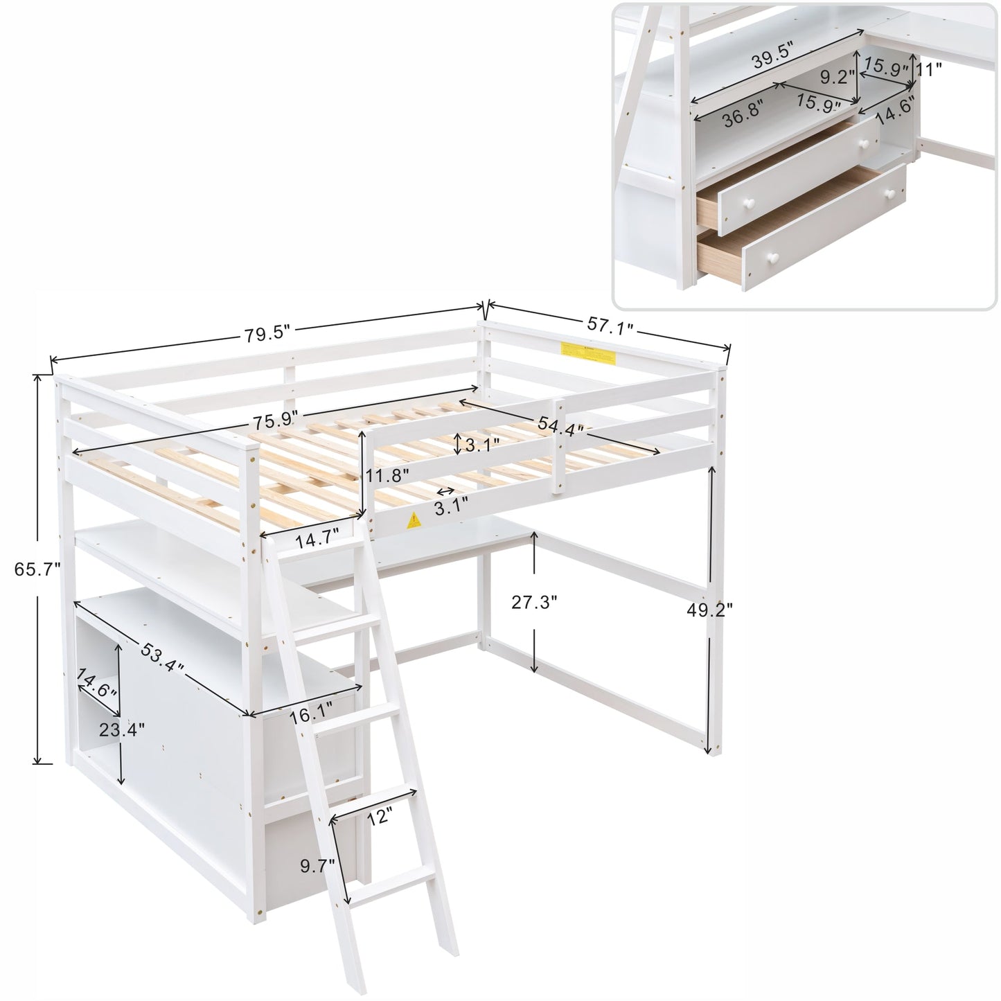 Cama loft de tamaño completo con escritorio y estantes, dos cajones incorporados