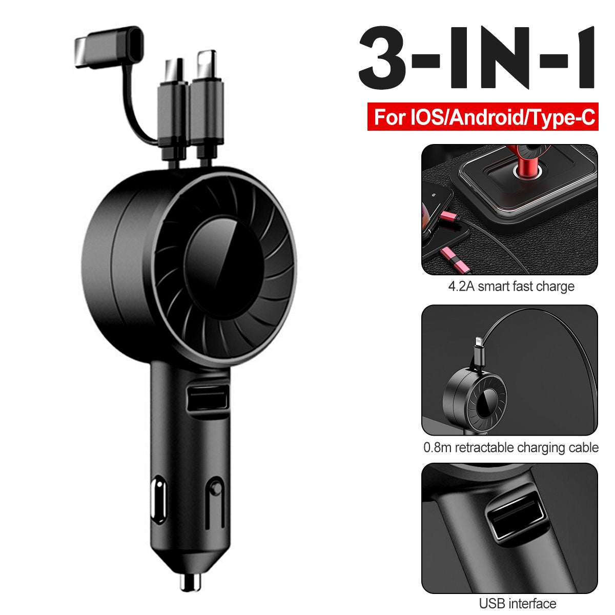 3-IN-1 Retractable Car Charger for iOS/Android/Type-C Devices