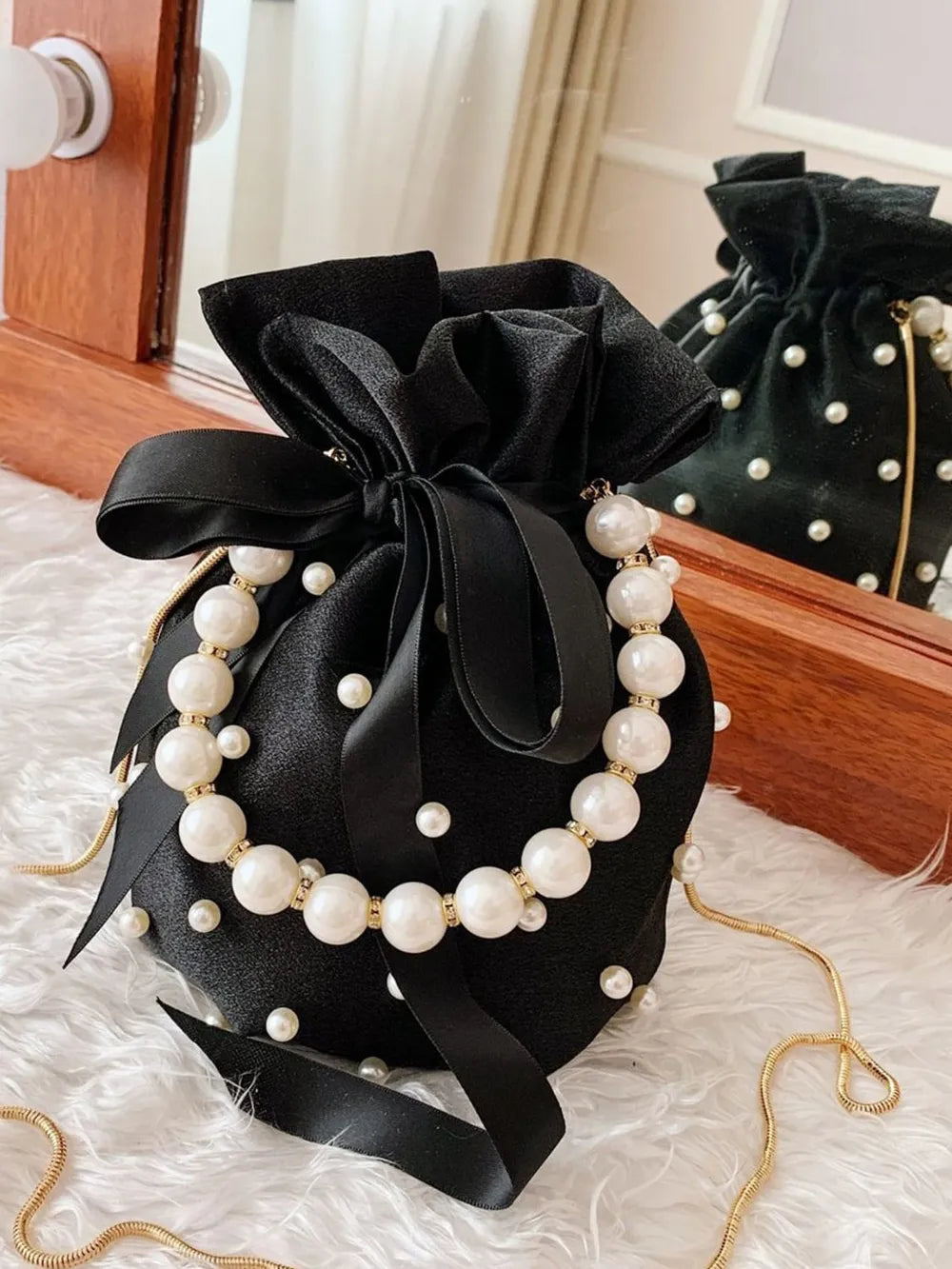 Pearl Detail Solid Color Bucket Bag - Korvel