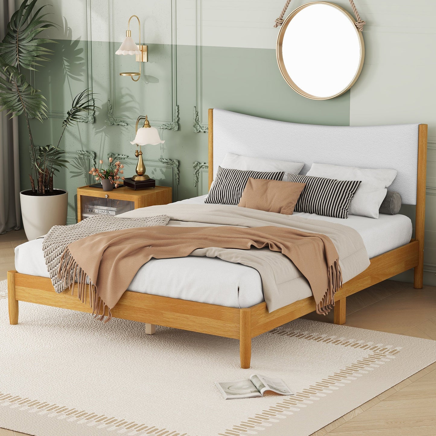 Queen Size Rubber Wooden , Solid Wooden Bed with Teddy Velvet Cushion Upholstered Headboard, Enhanced by Support Feet - Korvel