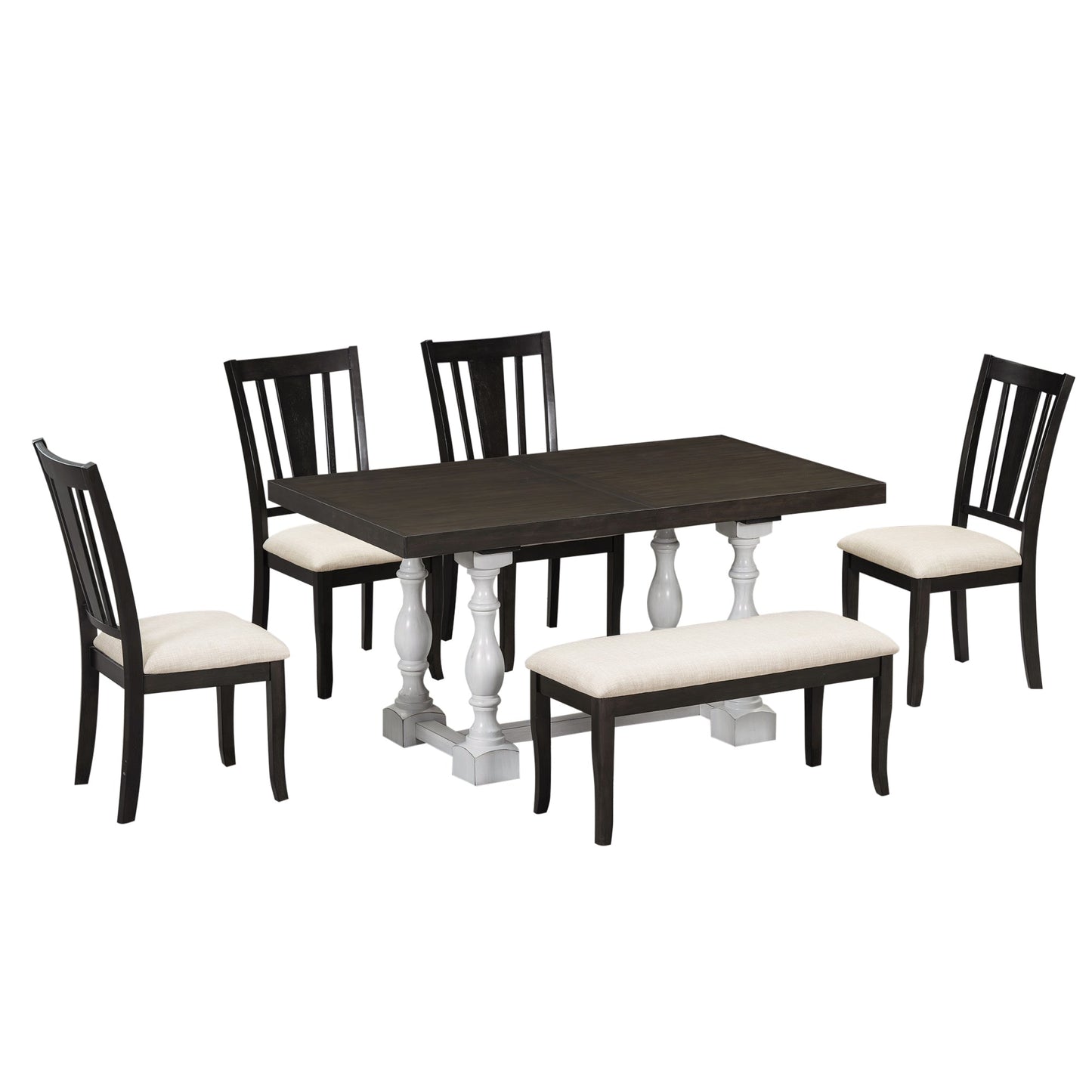 Traditional 6-Piece 78inch Trestle Extendable Dining Table Set with One 18inch Removable Leaf Distressed White - Korvel