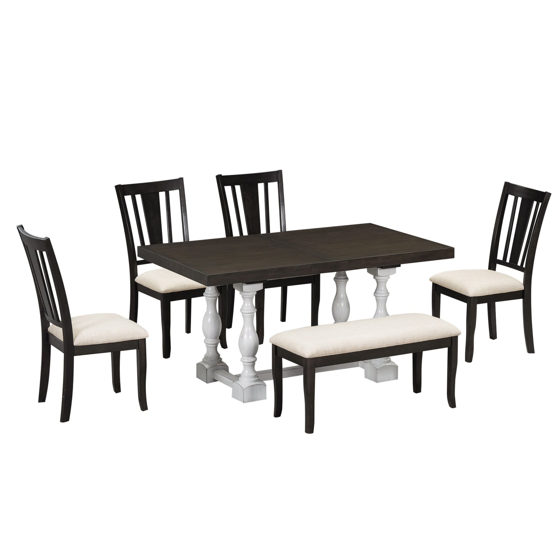 Traditional 6-Piece 78inch Trestle Extendable Dining Table Set with One 18inch Removable Leaf Distressed White - Korvel
