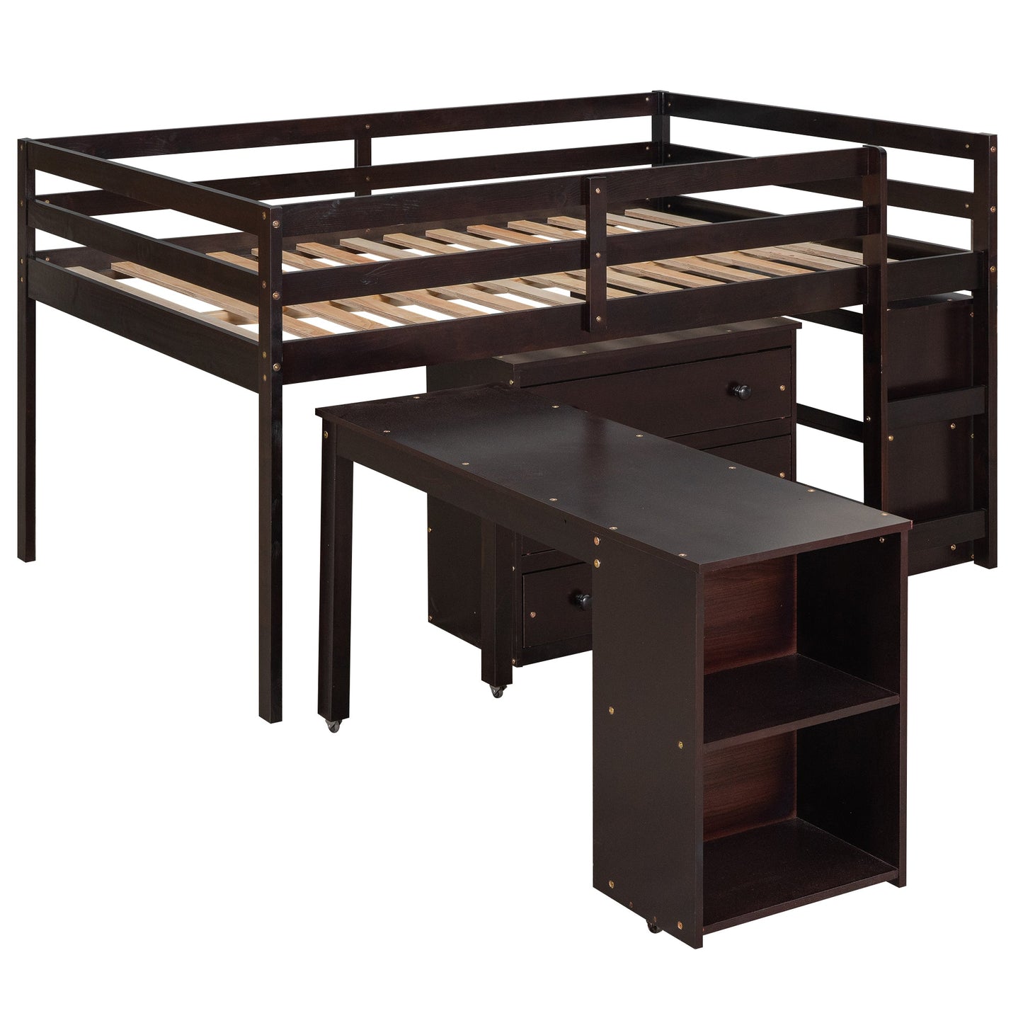 Low Study Full Loft Bed with Cabinet Shelves and Rolling Portable Desk Multiple Functions Bed- Espresso - Korvel