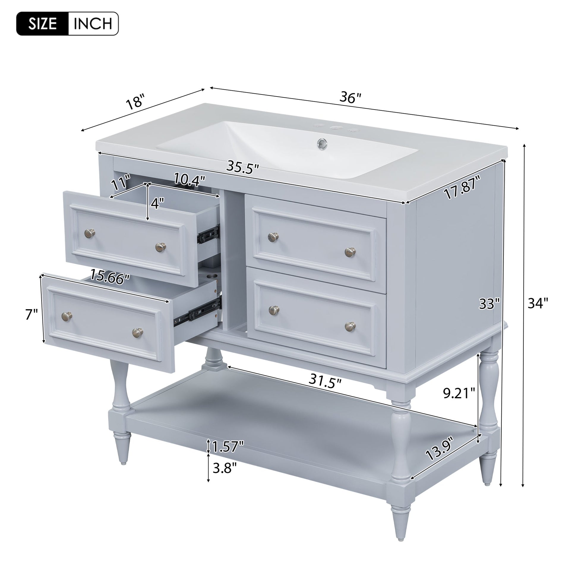 36'' Bathroom Vanity with Medicine Cabinet, Modern Mirror Cabinet with Adjustable Shelf, Bathroom Storage Cabinet with 4 Drawers - Korvel
