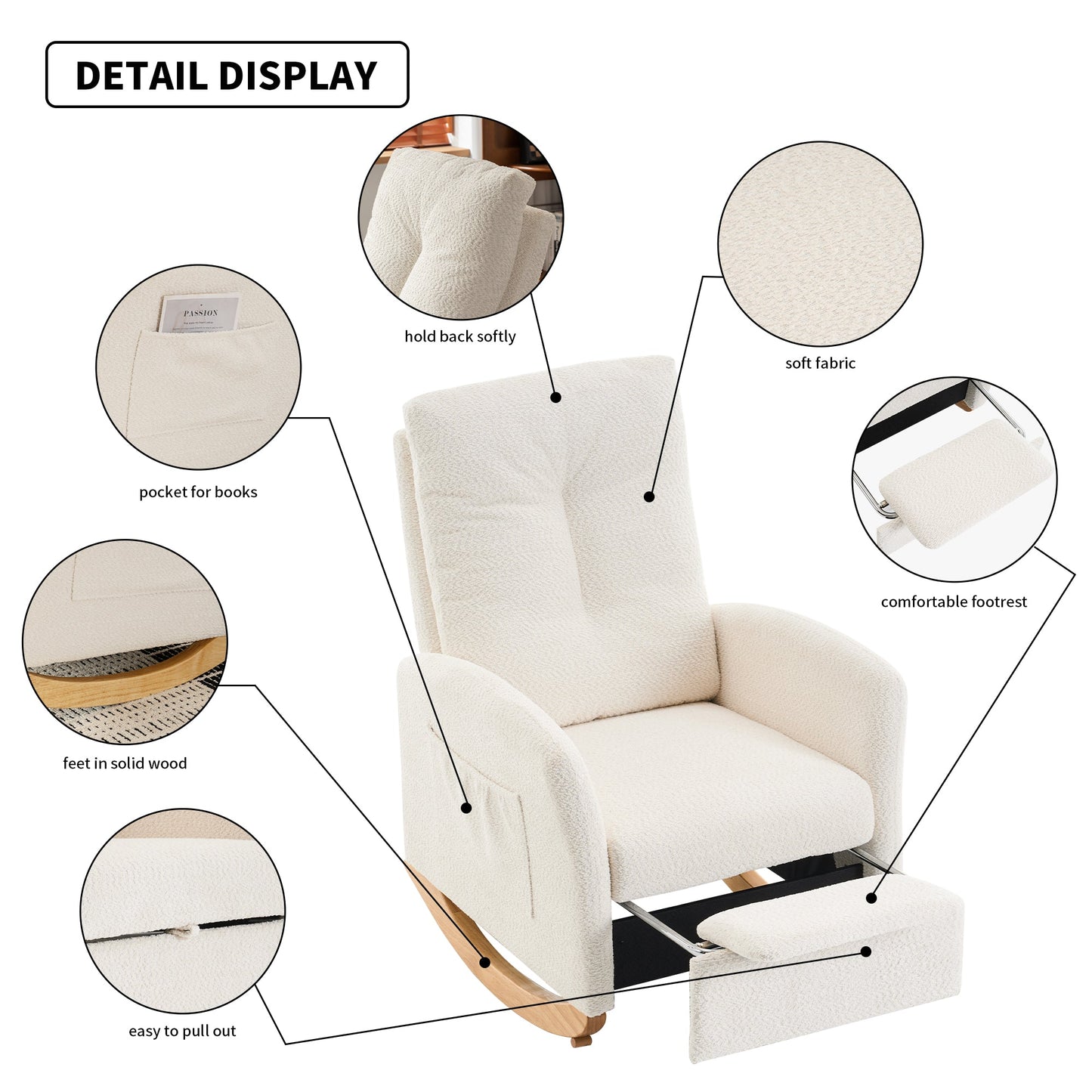 Accent Rocking  Chair with Footrest High Back Rubber Wood Rocking Legs Bedroom Living Space - Korvel