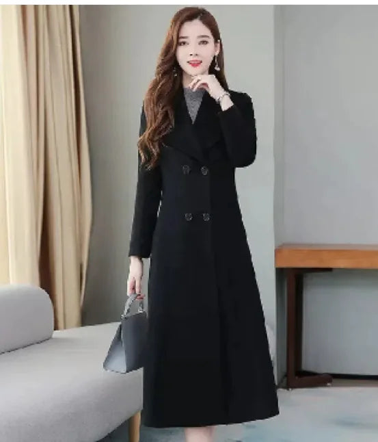 Women's Over-the-Knee Woolen Coat with Lapel