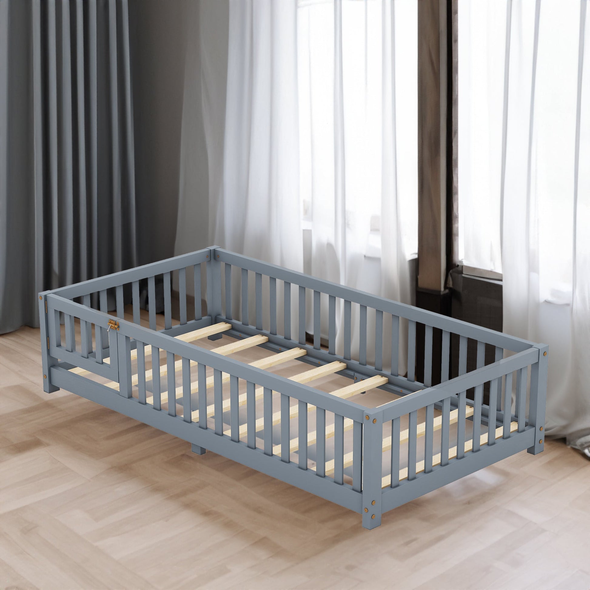 Twin Size Bed Floor Bed with Safety Guardrails and Door for Kids, Gray - Korvel