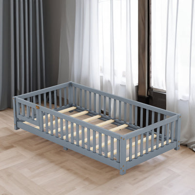 Twin Size Bed Floor Bed with Safety Guardrails and Door for Kids, Gray - Korvel