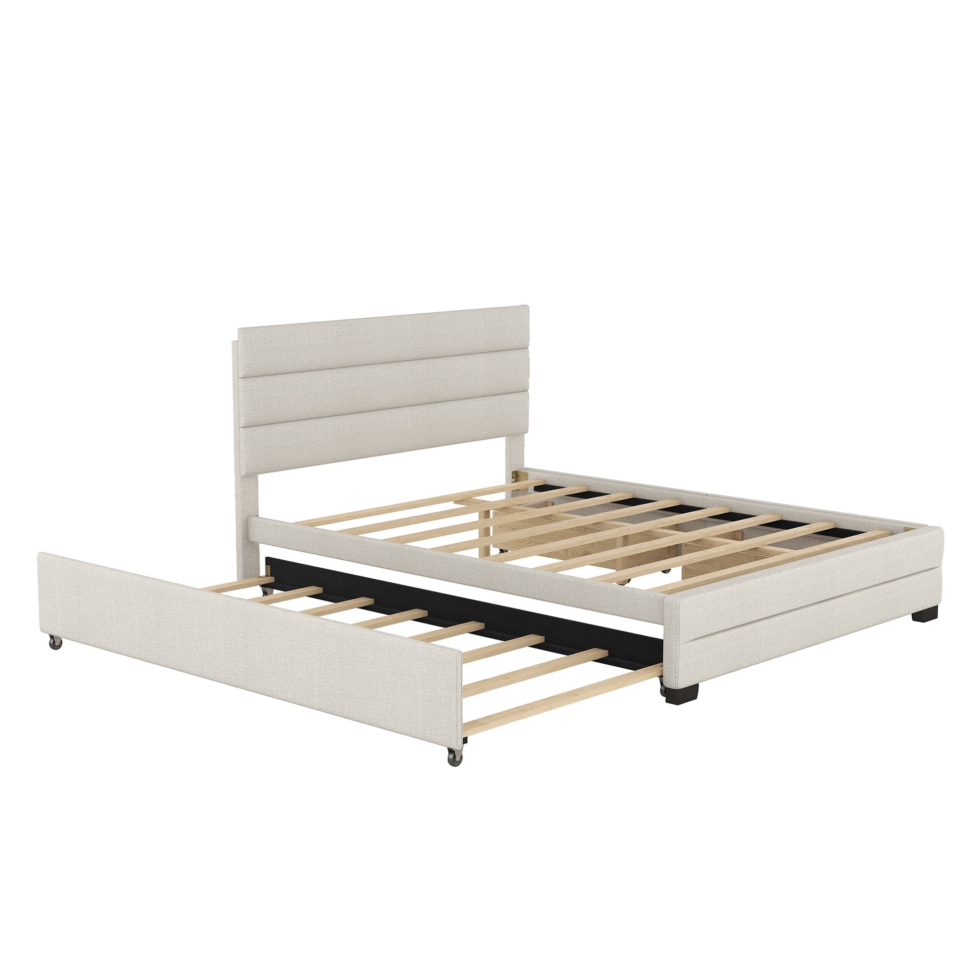 Queen Upholstered Platform Bed with Twin Size Trundle and Two Drawers  Beige - Korvel