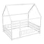 Full Size Floor Wooden Bed with House Roof Frame and Guardrails - White