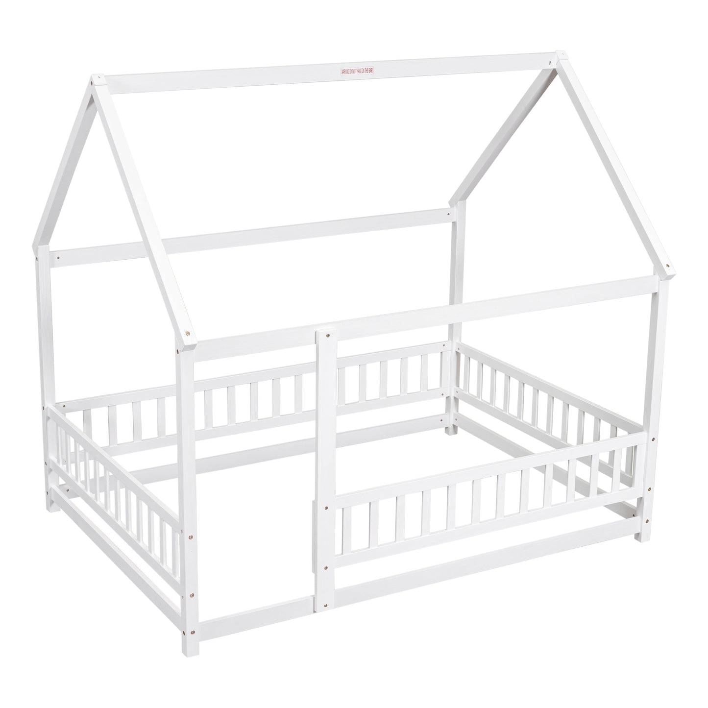 Full Size Floor Wooden Bed with House Roof Frame and Guardrails - White