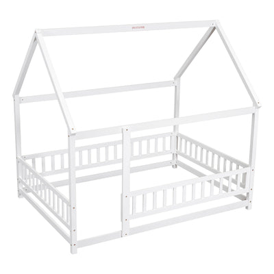 Full Size Floor Wooden Bed with House Roof Frame and Guardrails - White